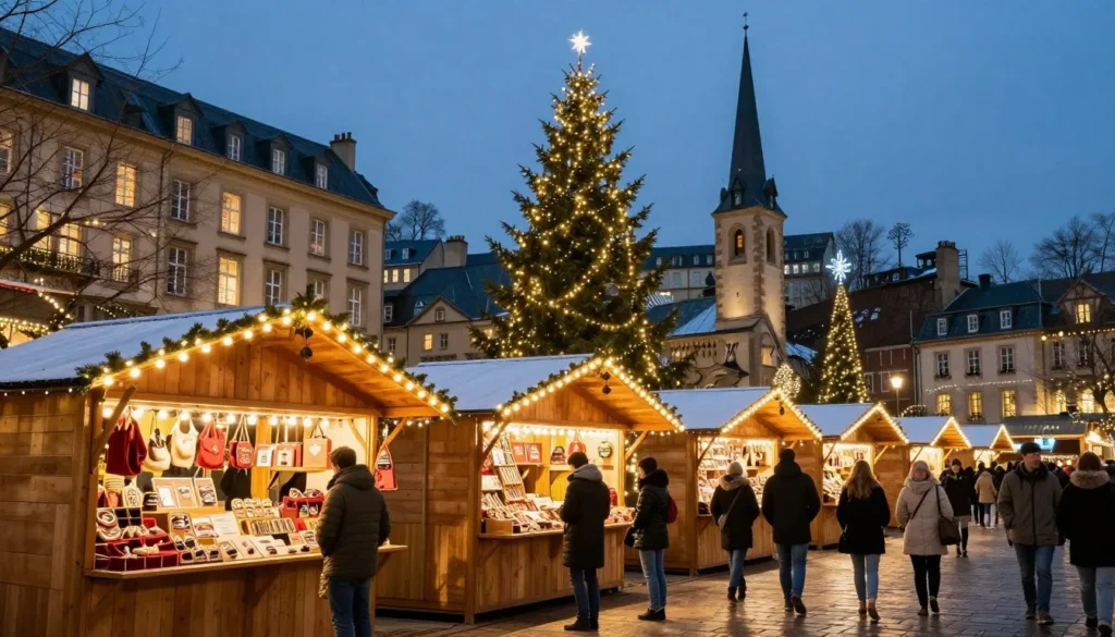Luxembourg City Christmas market with festive lights and holiday decorations in Place d'Armes