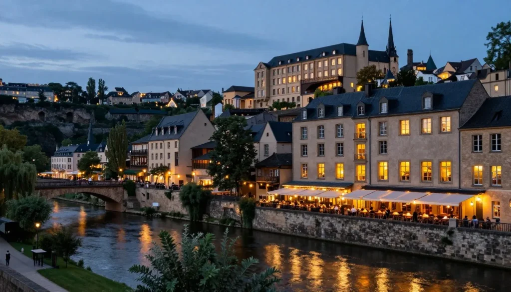 Luxembourg City Grund district riverside accommodation area with historic buildings and evening lights