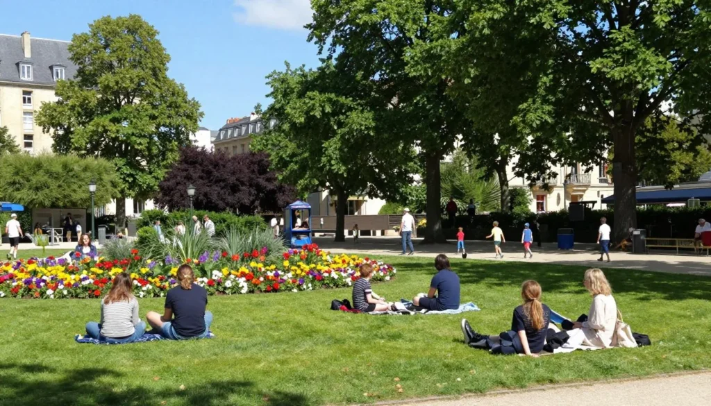 Luxembourg City Municipal Park with families enjoying green spaces and flower gardens