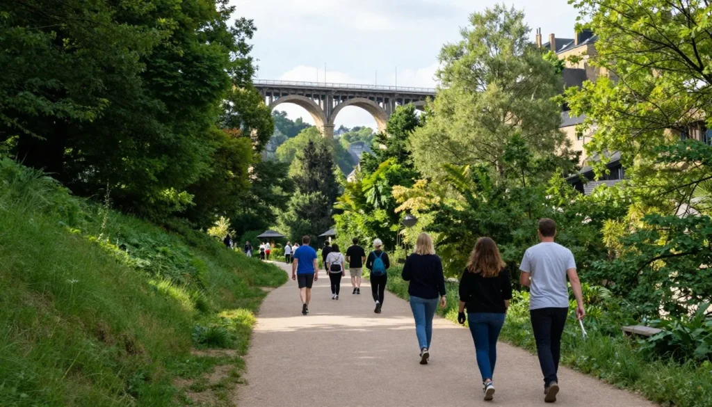 Luxembourg City Petrusse Valley walking path with lush greenery and bridge views