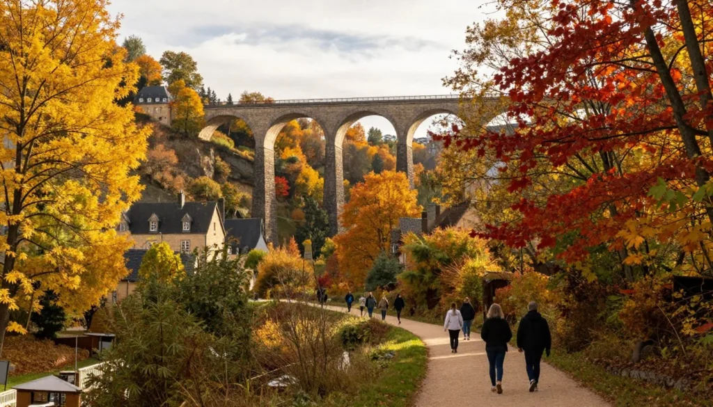 Luxembourg City autumn foliage in Petrusse Valley with hiking trails and golden trees
