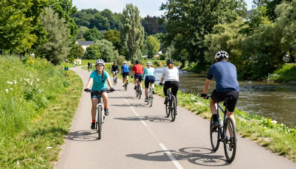 Luxembourg City cycling path along river with cyclists riding in natural setting