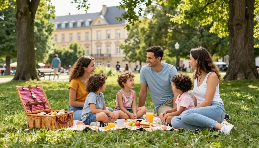 Luxembourg City family enjoying outdoor picnic in park setting
