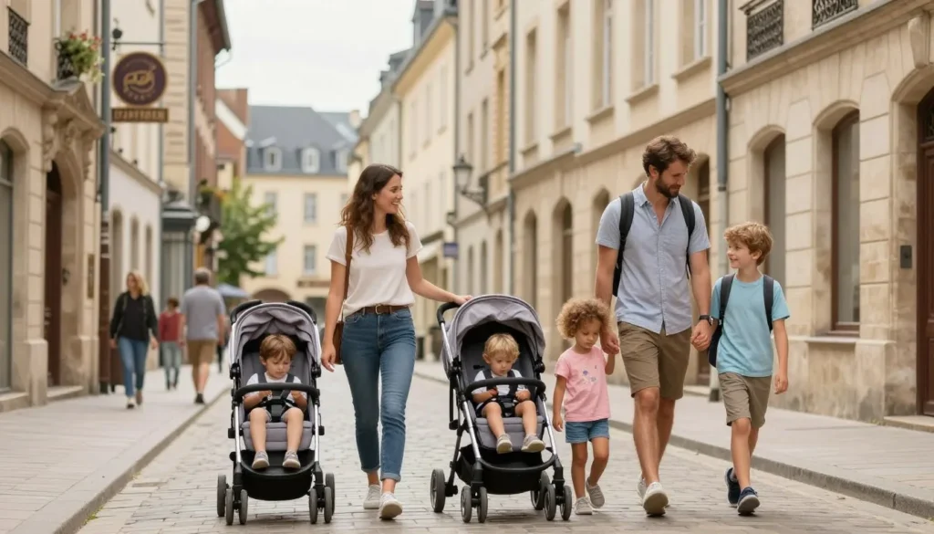 Luxembourg City family walking through old town with stroller and children
