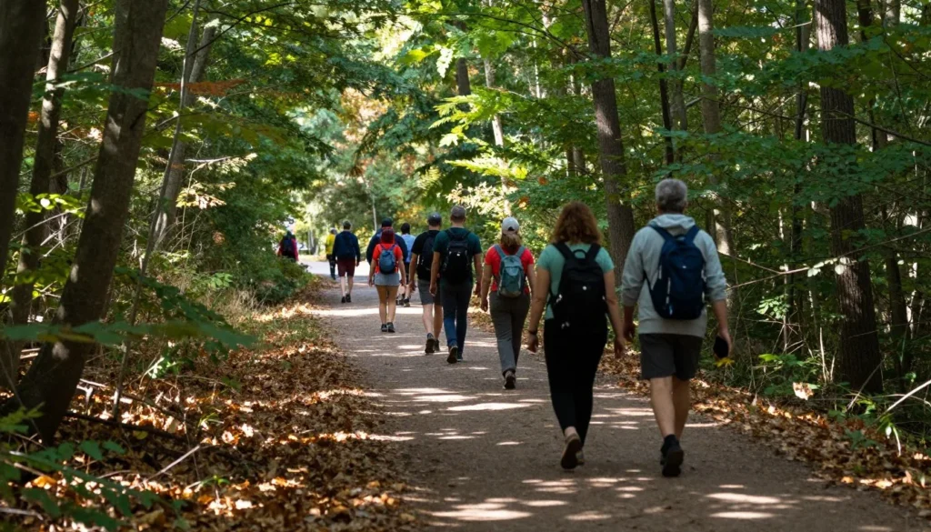 Luxembourg City forest hiking trail with diverse hikers walking through trees