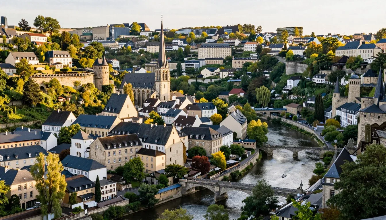 Luxembourg City old town fortifications overlooking Grund valley with historic architecture and green spaces