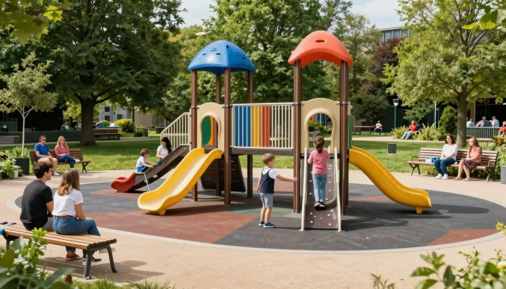 Luxembourg City playground in municipal park with diverse children playing