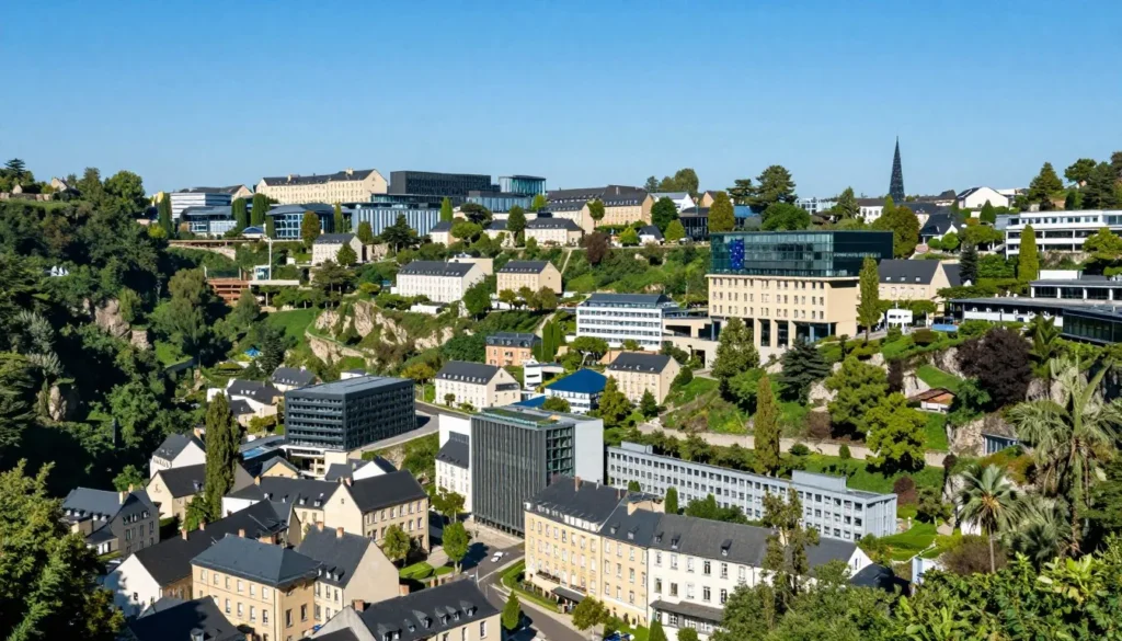 Luxembourg City skyline with modern European Union buildings and green valleys in afternoon light