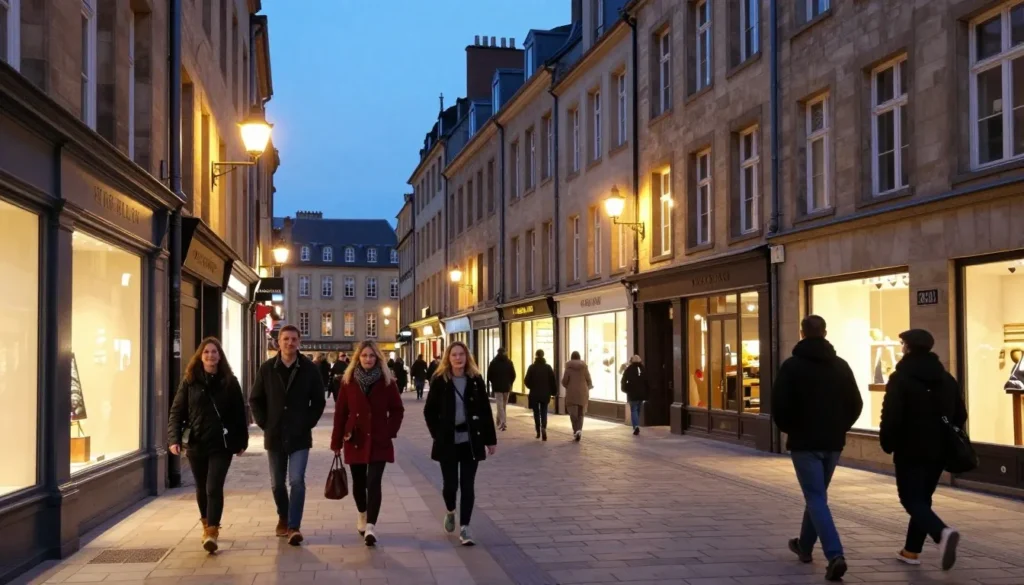 Luxembourg City well-lit safe pedestrian street in old town evening atmosphere