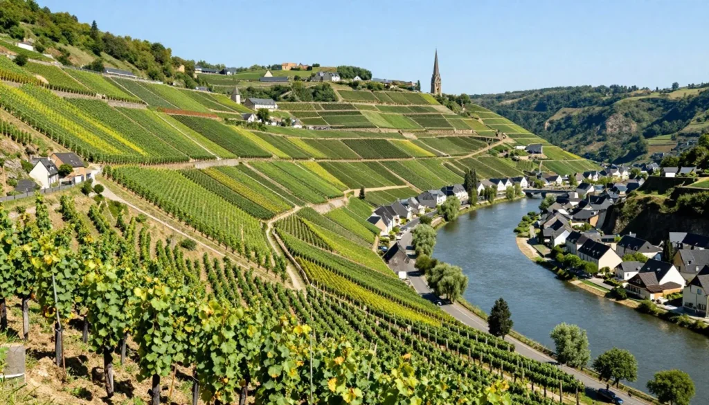 Luxembourg Moselle Valley vineyards and riverside village with German border hills