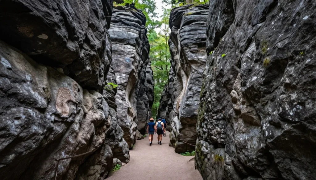 Luxembourg countryside hiking trail with rock formations in Mullerthal region