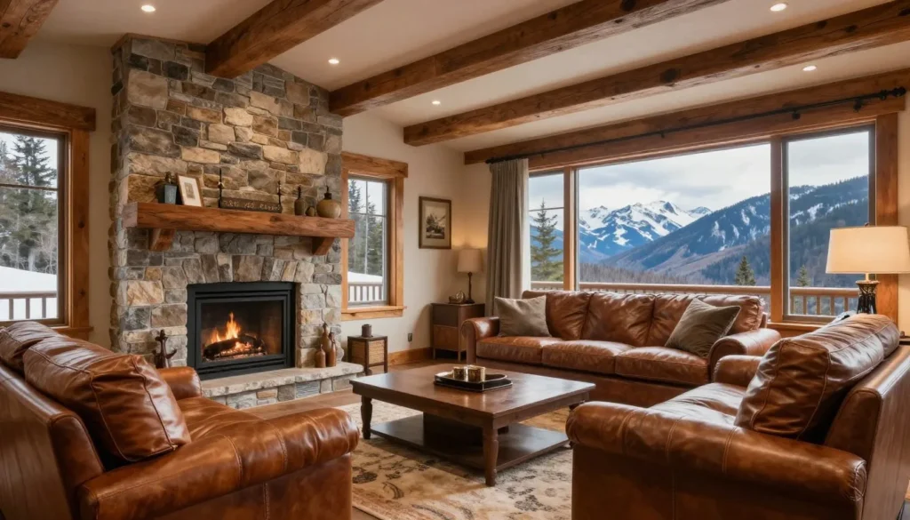 Luxury cabin interior living room with stone fireplace and mountain view Luxury cabin interior living room with stone fireplace and mountain view