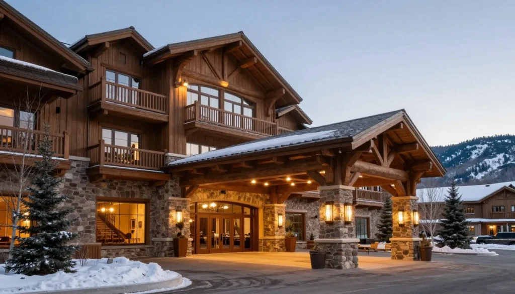 Luxury mountain lodge at Park City Mountain with welcoming entrance Luxury mountain lodge at Park City Mountain with welcoming entrance