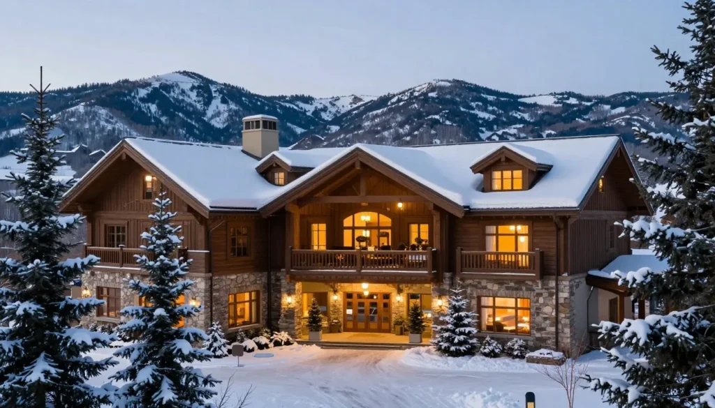 Luxury mountain lodge exterior in Vail with snow and pine trees Luxury mountain lodge exterior in Vail with snow and pine trees