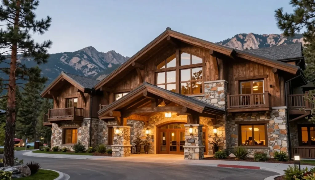 Luxury mountain lodge exterior with stone and timber architecture surrounded by Sierra Nevada pine trees Luxury mountain lodge exterior with stone and timber architecture surrounded by Sierra Nevada pine trees