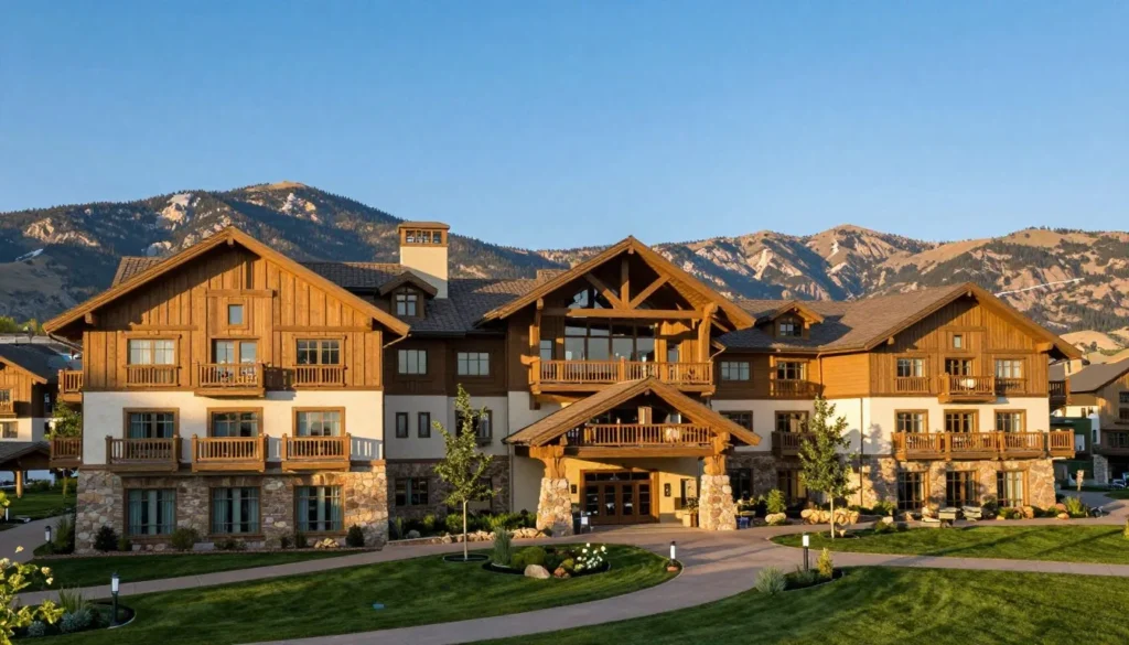 Luxury mountain resort exterior in Midway with Wasatch Mountains background