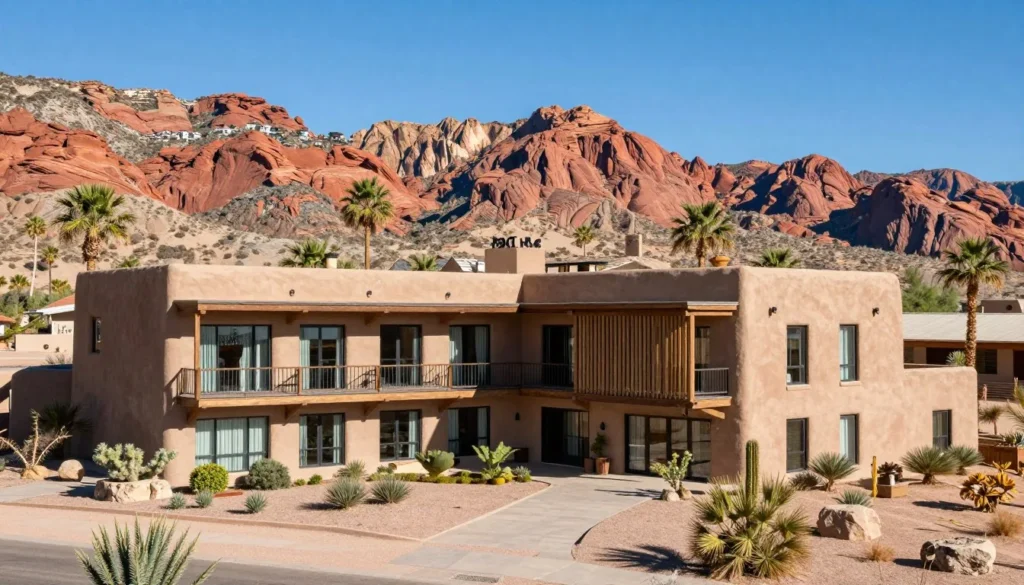 Luxury resort exterior with mountain views near Spring Mountain Ranch State Park Nevada
