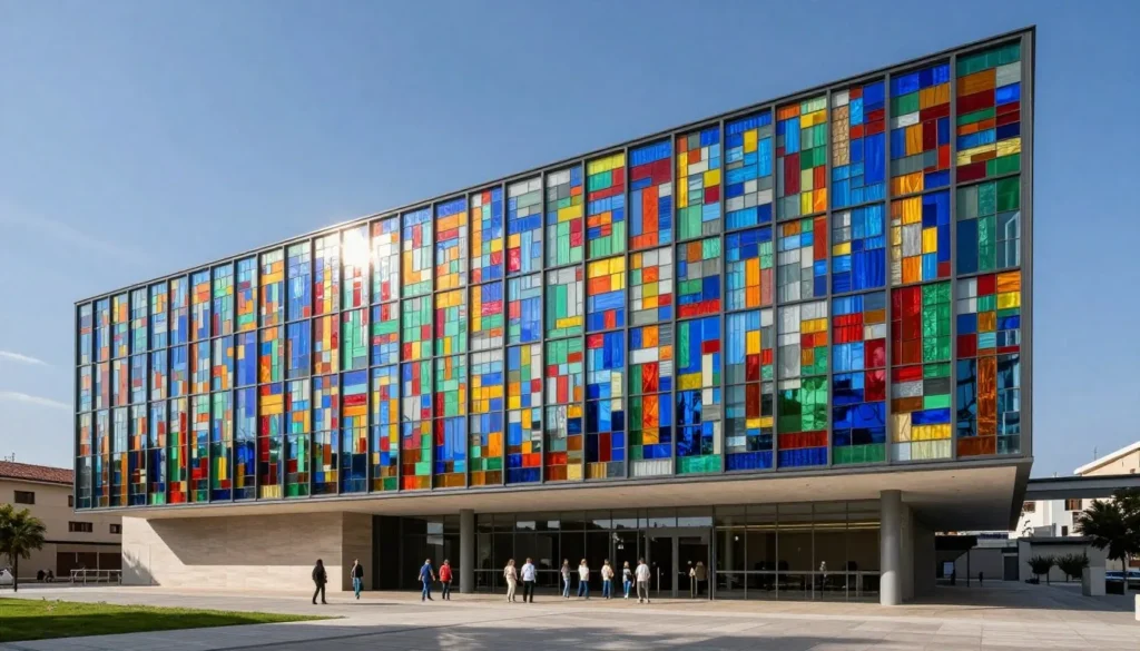 MUSAC Museum of Contemporary Art exterior showing colorful stained glass facade