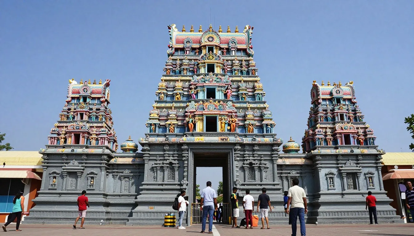 Madurai travel guide showcasing the iconic Meenakshi Amman Temple with colorful gopurams against blue sky