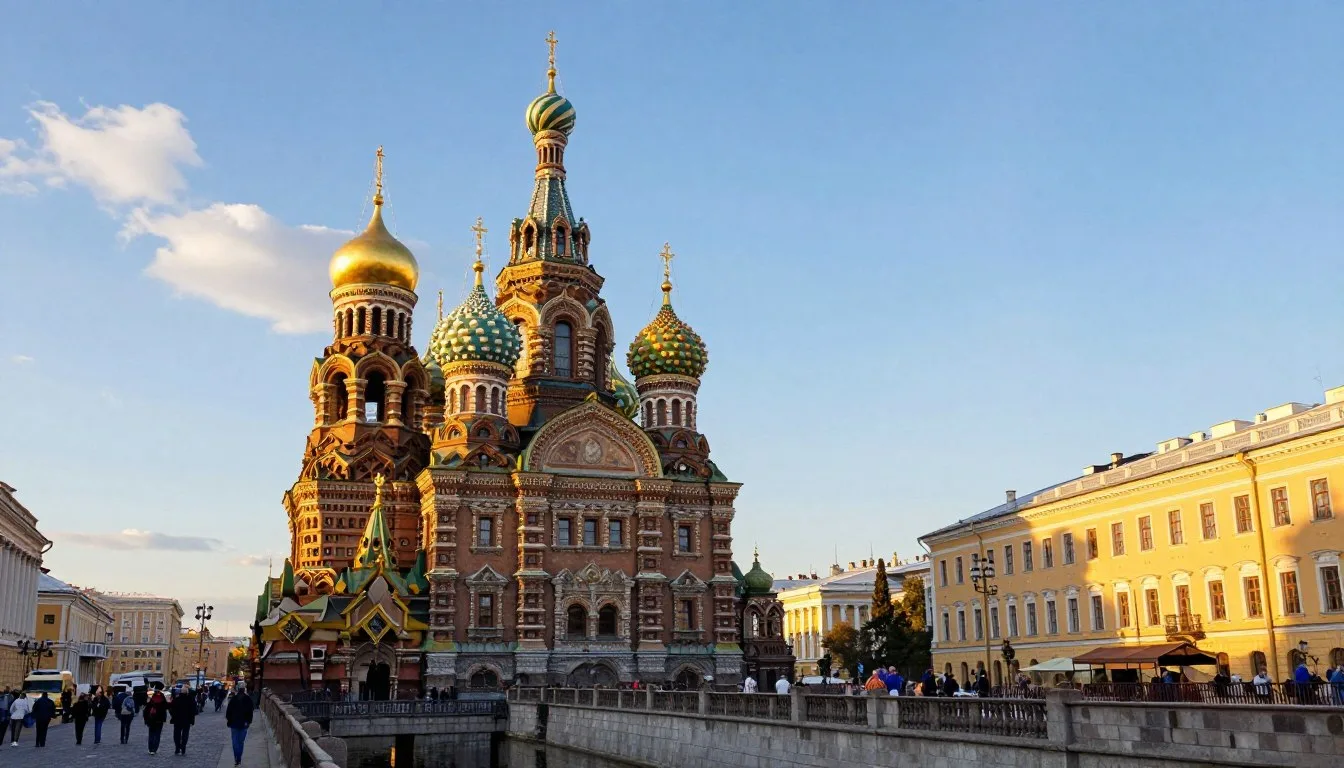 Magnificent view of the Church of the Savior on Spilled Blood with its colorful onion domes reflected in the canal waters during golden hour in Saint Petersburg, Russia