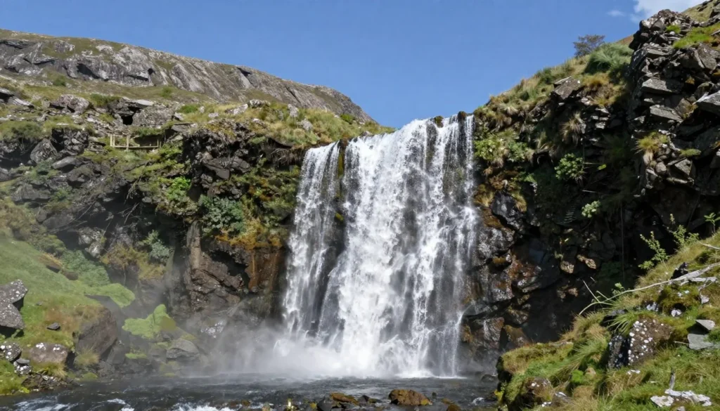 Mahon Falls cascading down the Comeragh Mountains in County Waterford on a bright sunny day