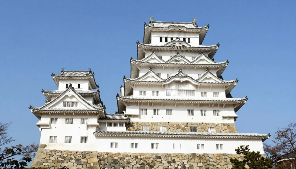 Majestic Himeji Castle with white walls against blue sky Majestic Himeji Castle with white walls against blue sky