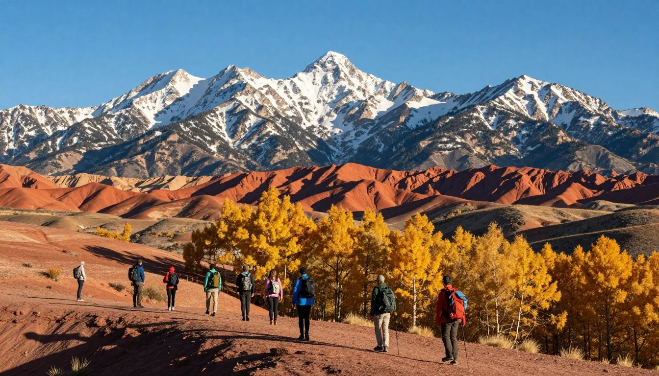 Majestic-La-Sal-Mountains-rising-above-red-rock-desert-landscape-with-aspen-groves-in Majestic La Sal Mountains rising above red rock desert landscape with aspen groves in foreground