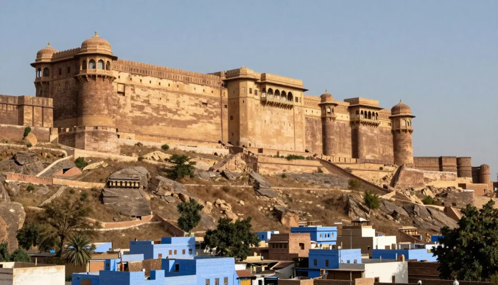 Majestic Mehrangarh Fort rising from rocky cliffs with blue city houses below under clear desert sky