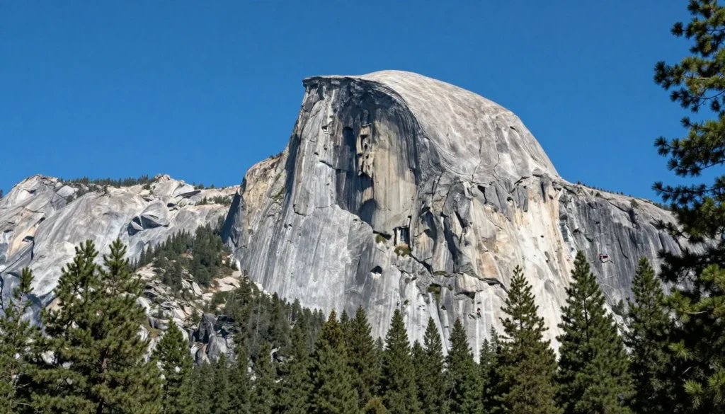 Majestic granite dome formation rising above Sierra Nevada pine forest with blue sky above Majestic granite dome formation rising above Sierra Nevada pine forest with blue sky above