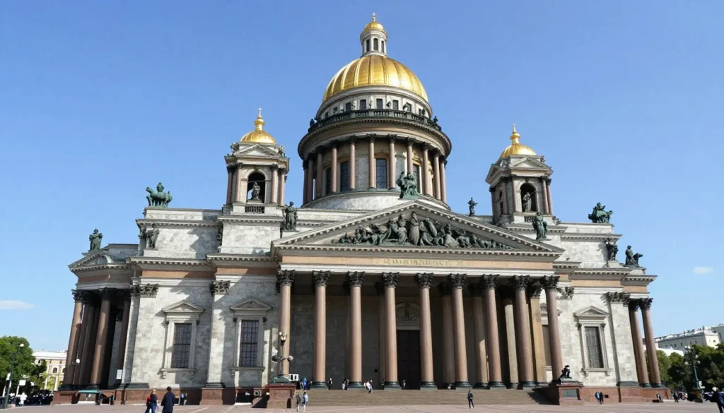 Majestic view of St. Isaac's Cathedral with its massive golden dome and neoclassical columned exterior in Saint Petersburg Majestic view of St. Isaac's Cathedral with its massive golden dome and neoclassical columned exterior in Saint Petersburg