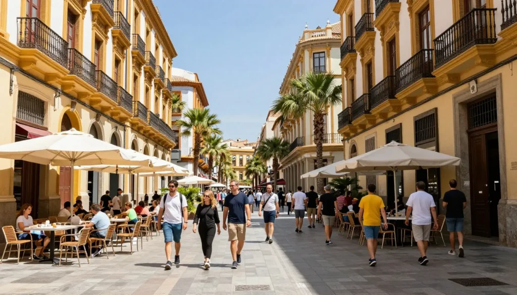 Malaga city street with pedestrians and urban architecture