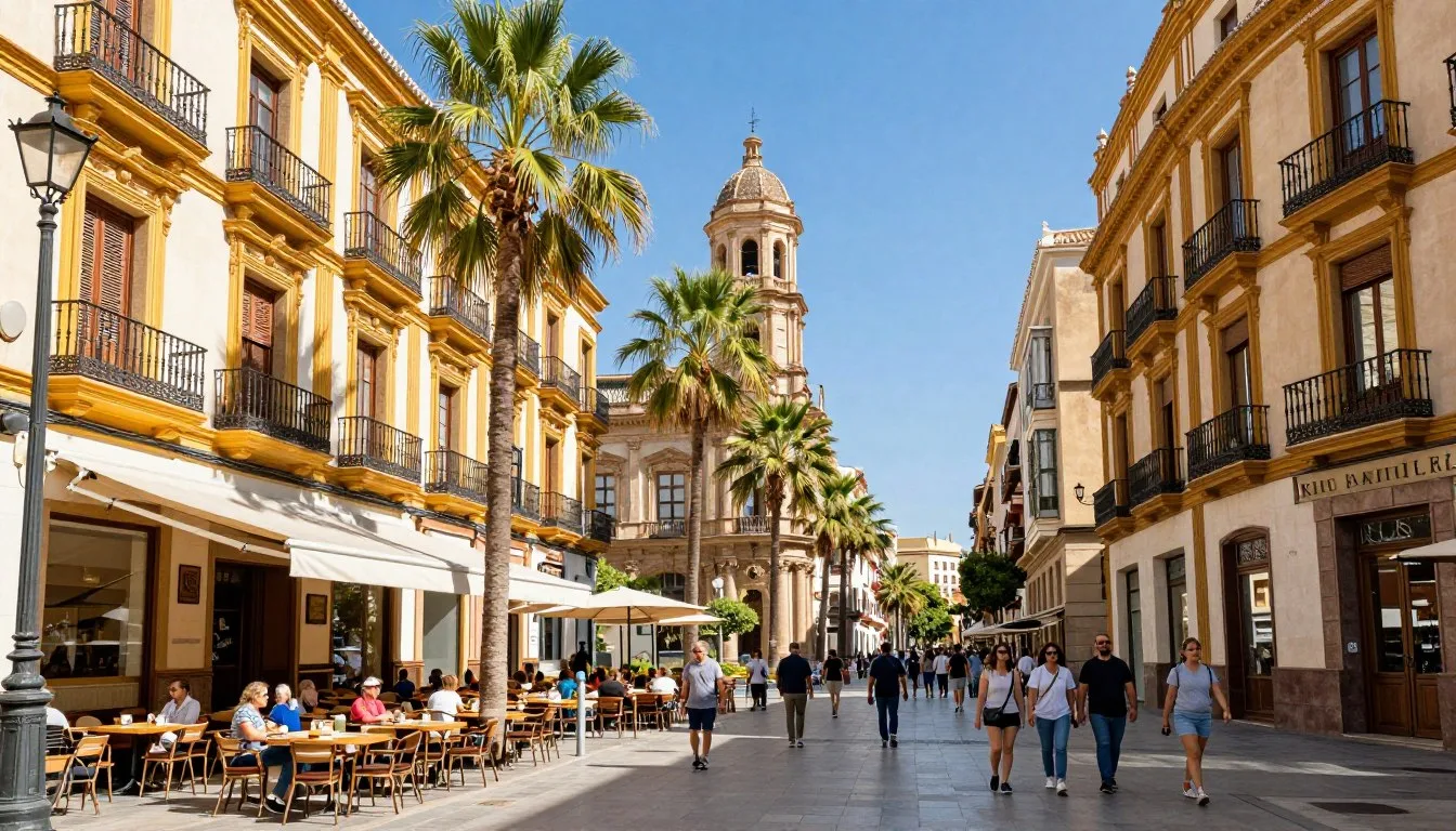 Malaga historic city center with Mediterranean architecture and palm trees