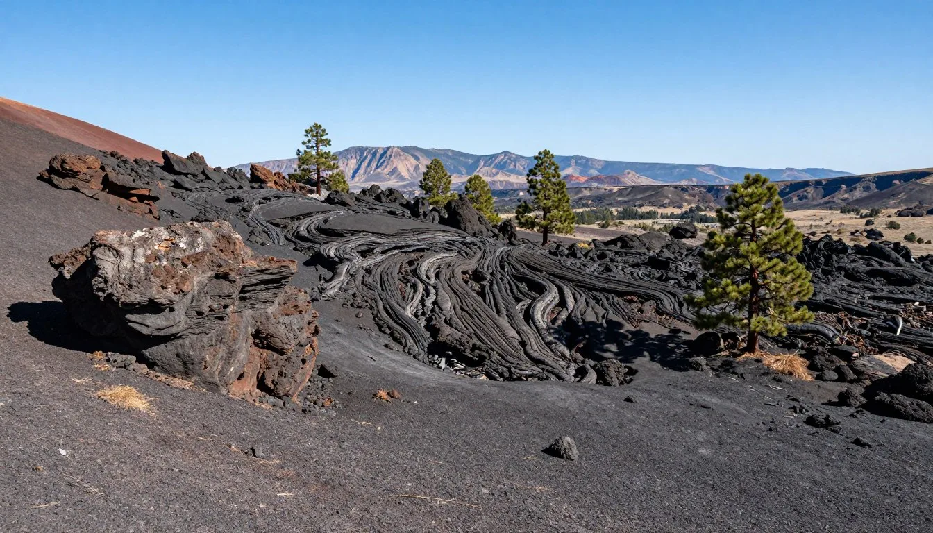 Markagunt Plateau volcanic landscape with ancient lava flows and pine forest under blue sky