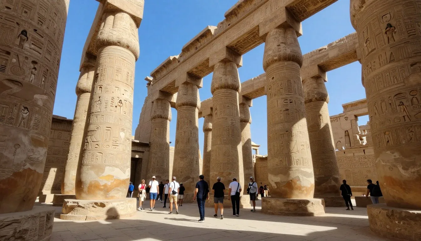 Massive columns of Karnak Temple complex with hieroglyphic carvings under blue sky