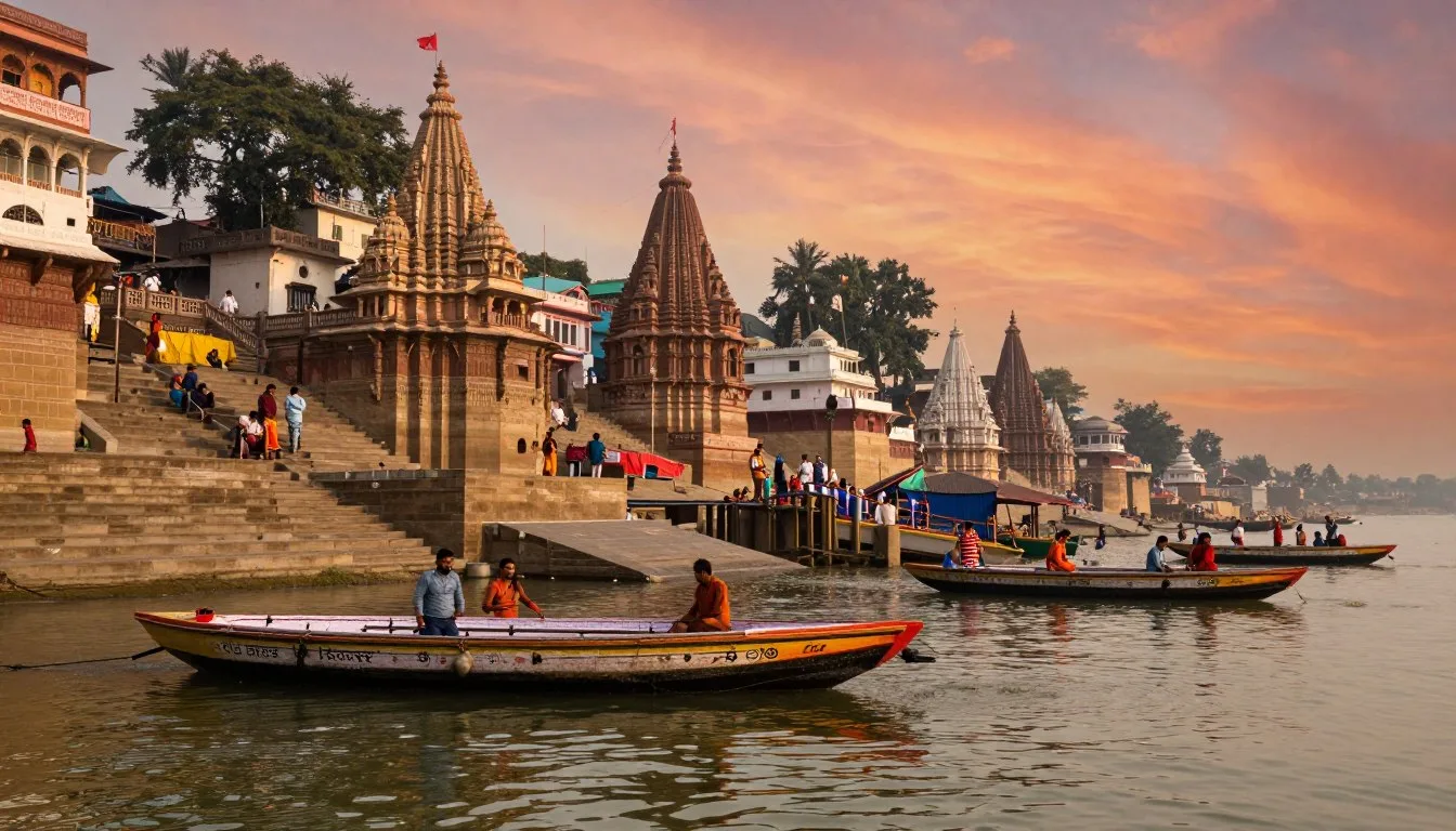 Mathura Uttar Pradesh travel guide showing Yamuna River ghats at sunset with ancient temples