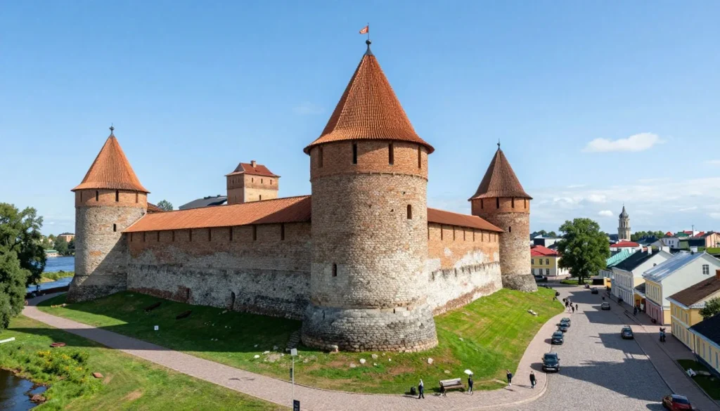 Medieval stone fortress and towers in Vyborg with cobblestone streets and historic buildings Medieval stone fortress and towers in Vyborg with cobblestone streets and historic buildings