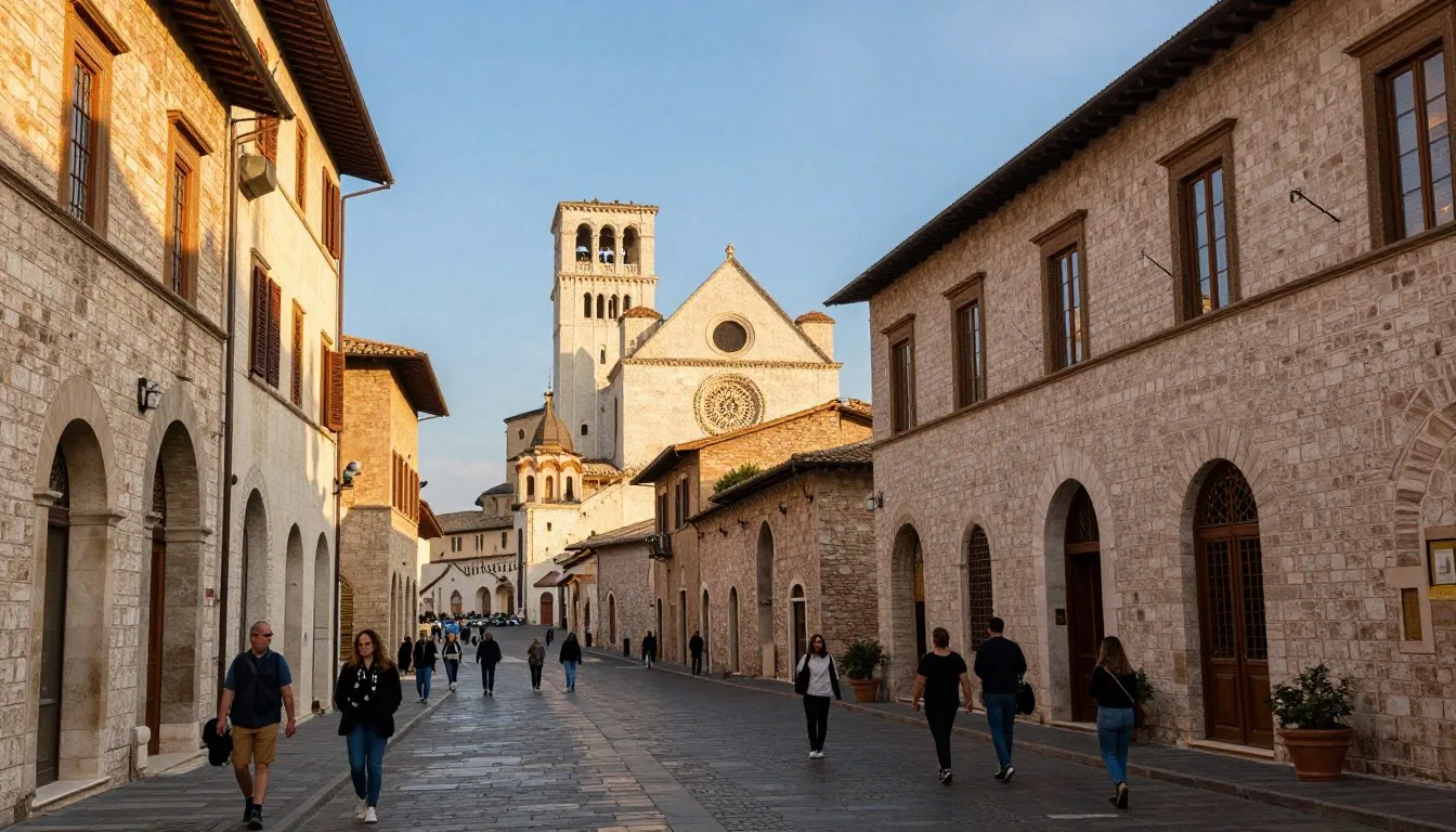 Medieval stone streets of Assisi with Basilica San Francesco in the background during golden hour