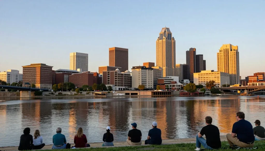 Memphis skyline with Mississippi River in foreground during golden hour Memphis skyline with Mississippi River in foreground during golden hour