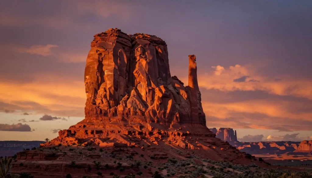 Mexican Hat Rock under dramatic sunset sky with desert landscape