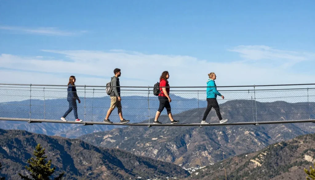 Mile High Swinging Bridge with visitors crossing and mountain views beyond Mile High Swinging Bridge with visitors crossing and mountain views beyond