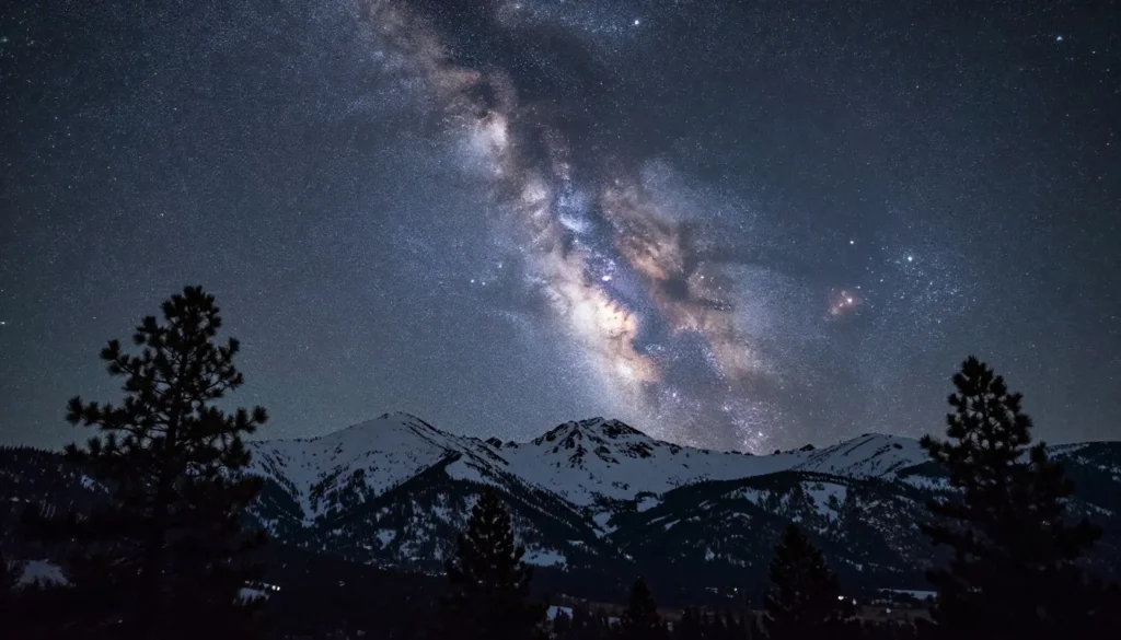 Milky Way over Snowstorm Mountains at night