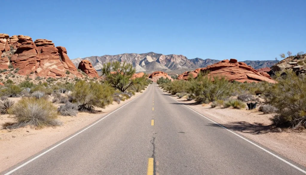 Millsite State Park entrance road with desert landscape and mountains