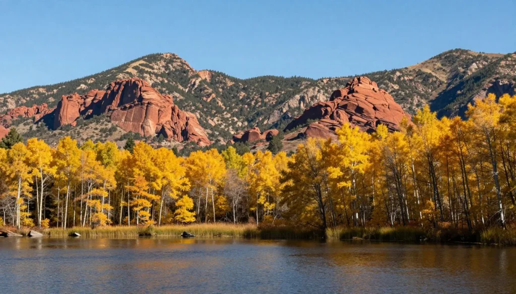 Millsite State Park in autumn with golden aspens on distant mountains