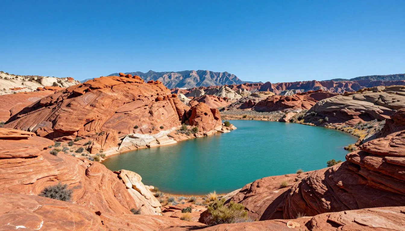 Millsite-State-Park-reservoir-surrounded-by-red-rock-desert-landscape-with-clear-blue-water Millsite State Park reservoir surrounded by red rock desert landscape with clear blue water
