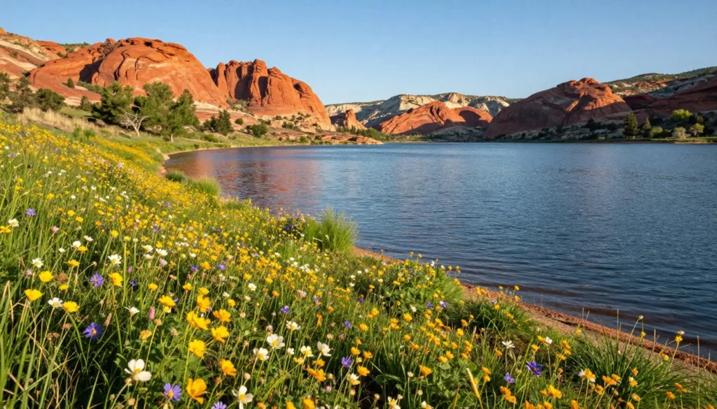 Millsite reservoir during spring season with blooming desert wildflowers along shoreline