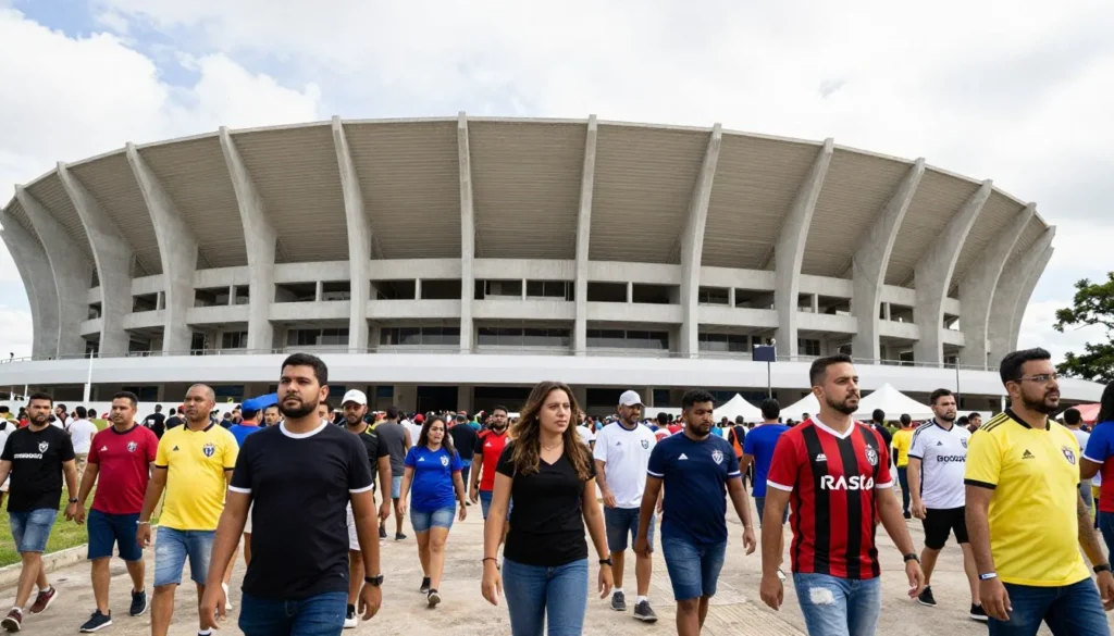 Mineirão Stadium exterior with fans walking toward entrance