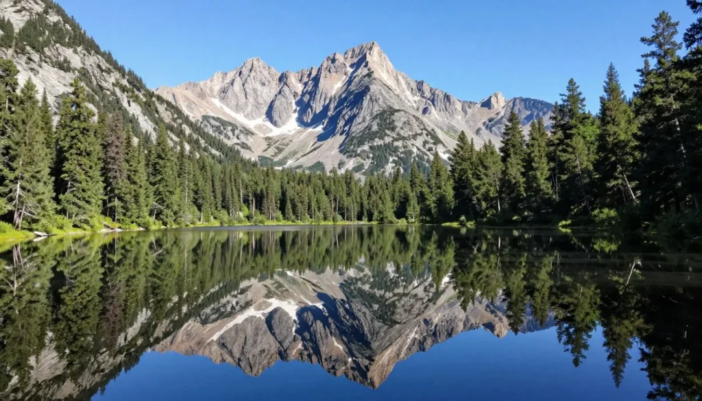 Mirror Lake reflecting mountain peaks on calm day