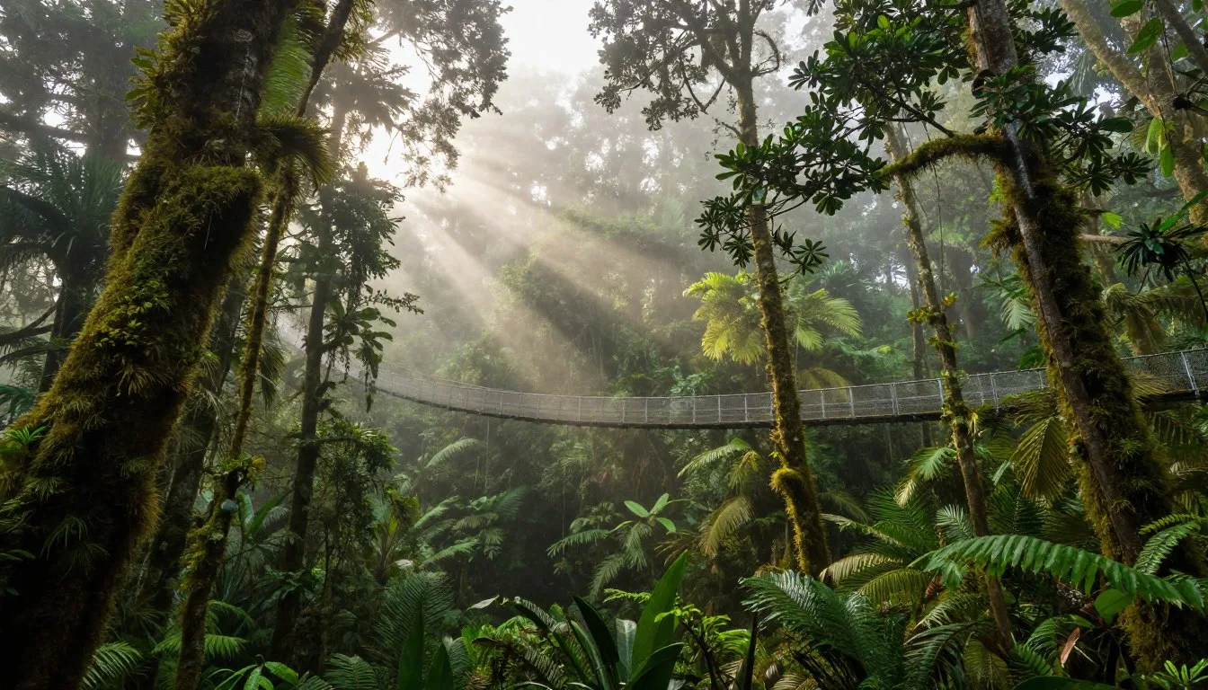 Misty Monteverde Cloud Forest with hanging bridges through lush canopy