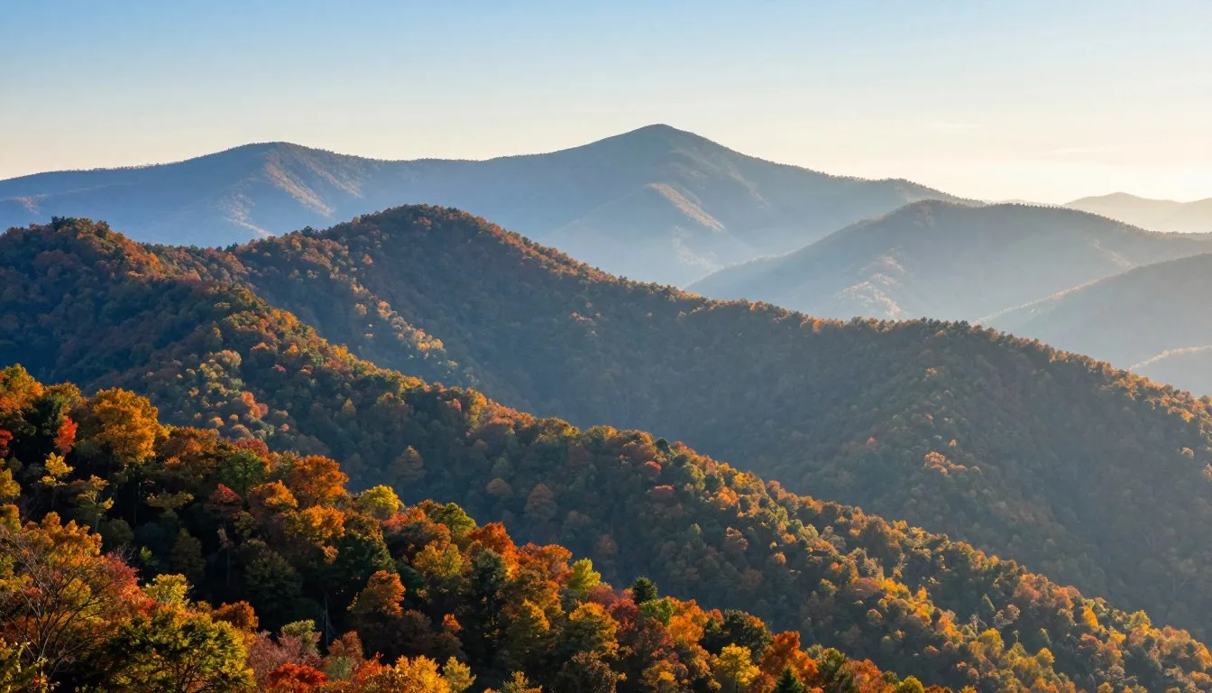 Misty-blue-ridges-of-Great-Smoky-Mountains-with-layered-mountain-peaks-fading-into-distance Misty blue ridges of Great Smoky Mountains with layered mountain peaks fading into distance under golden sunrise