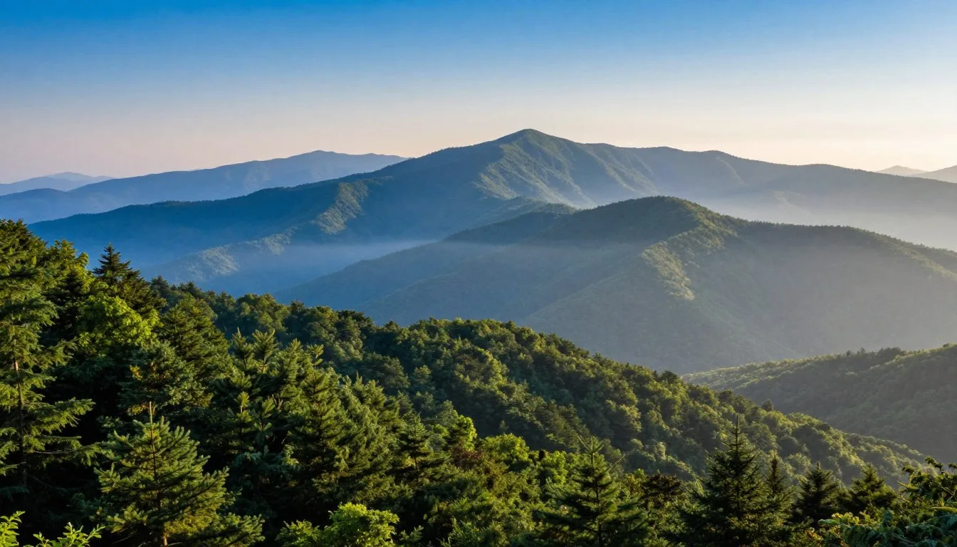 Misty morning view of Great Smoky Mountains showing layers of blue ridges fading into distance